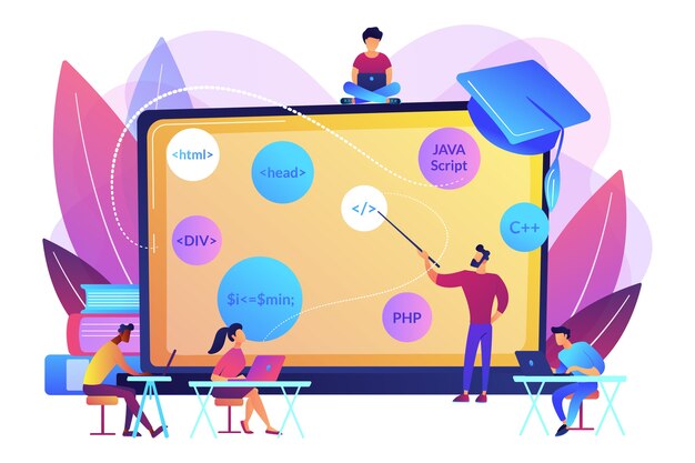 Script writing, software engineering. Coding workshop, code created workshop, online programming course, apps and games development class concept.