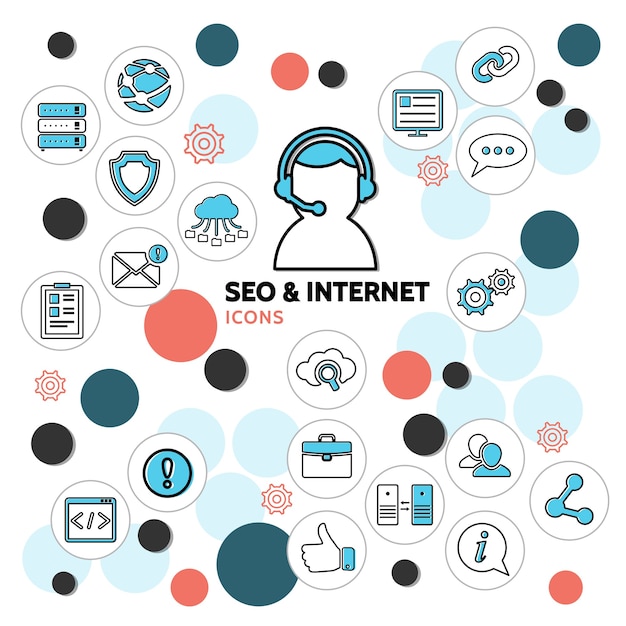 Seo and internet line icons set with operator computer network router message sign cloud chat gears