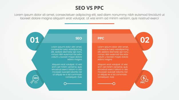 seo vs ppc advertising comparison opposite infographic concept for slide presentation with creative hexagon slice with circle badge with flat style