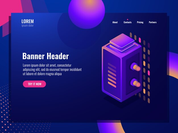 server room, isometric digital technology abstract element, data center and database banner
