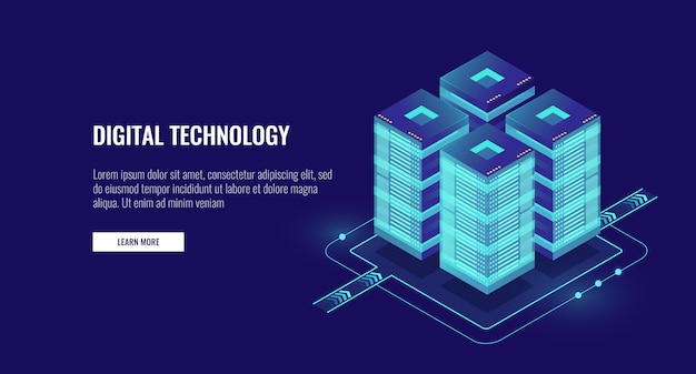 Server room isometric, futuristic technology of data protection and processing