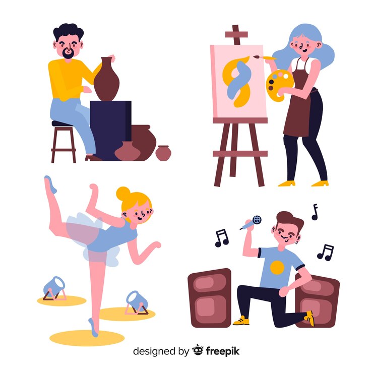 Miễn phí Vector set of artists from different disciplines. painter, dancer, craftsman and singer