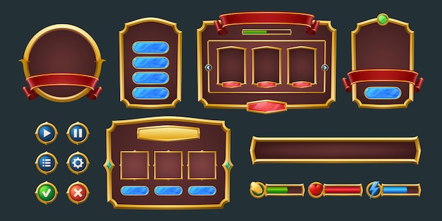 Set of game frames, bars and menu buttons cartoon interface elements. Empty borders with banners, ui or gui design blue, red and green scales, play, pause keys, user panel settings isolated vector kit