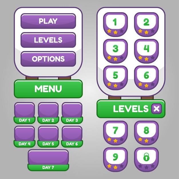 set of game menu selection for rpg and adventure game, including menu, level selection and options.