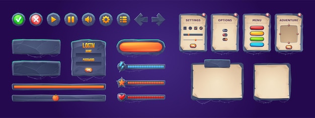 set of game stone frames, bars, ui scrolls, boards with antique parchments and menu buttons. cartoon interface elements, empty borders with banners, ui or gui design scales, keys, user panel settings
