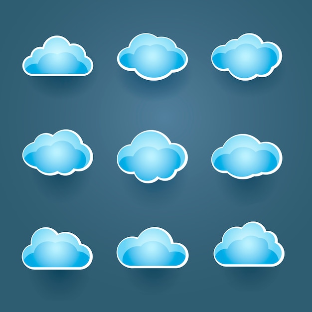set of nine different blue vector cloud icons in different shapes conceptual of the weather forecast or cloud computing