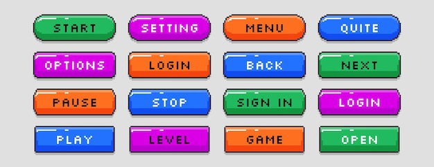 Set of pixel art start pause next stop open level buttons pixelated video game symbols color frames
