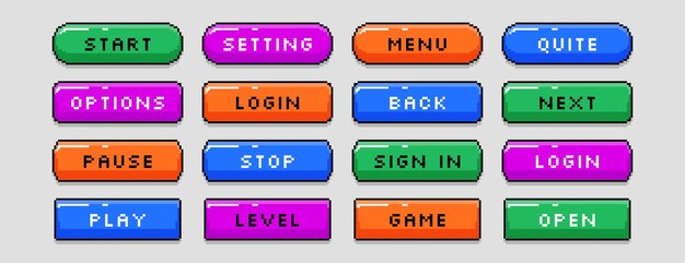 Set of pixel art start pause next stop open level buttons pixelated video game symbols color frames