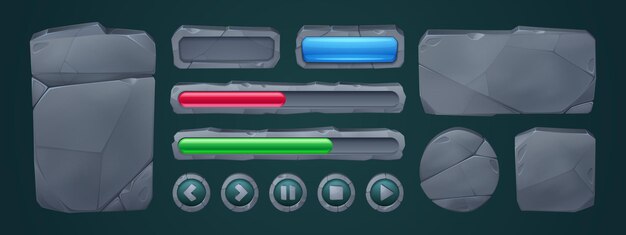 set of stone game ui frames and buttons isolated on background vector cartoon illustration of rectangular and round menu boards play stop pause icons red and green progress bars rock texture