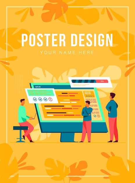 Software developers coding on computer with script. Coding, engineering, interface design flat vector illustration