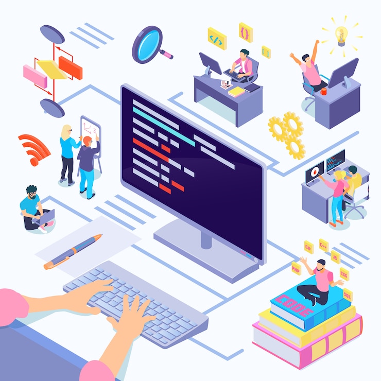 Miễn phí Vector software developers during coding composition with creative decisions algorithmic complexity documentation by programming languages isometric