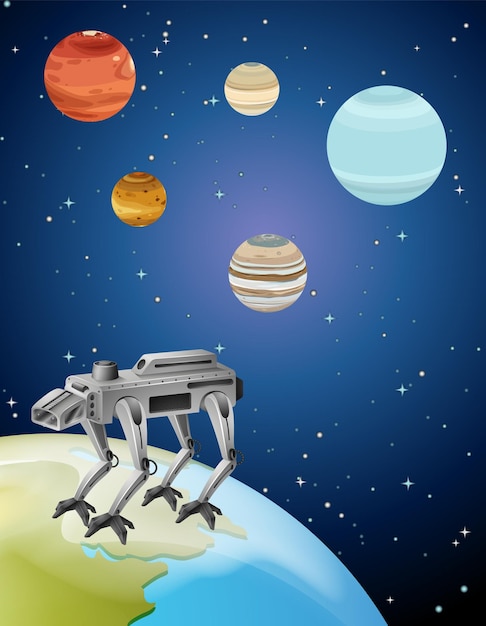 Solar system in space with robot