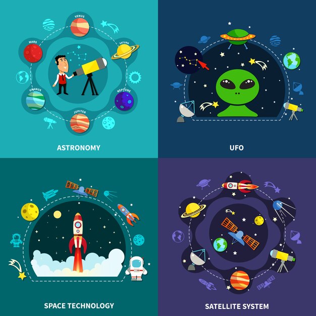 space exploration concept icons set 