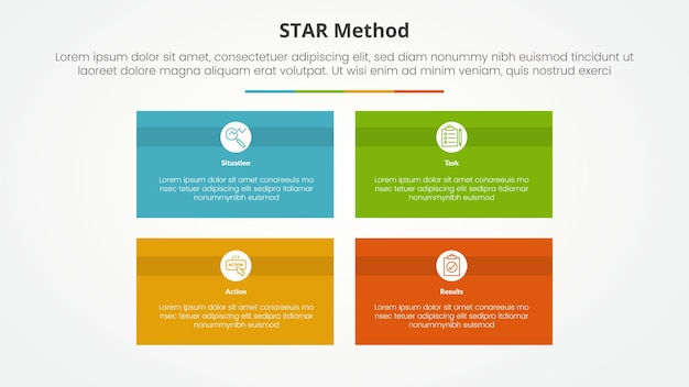 STAR method infographic concept for slide presentation with rectangle box matrix structure with 4 point list with flat style