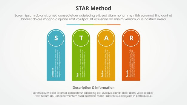 STAR method infographic concept for slide presentation with round rectangle shape vertical with 4 point list with flat style