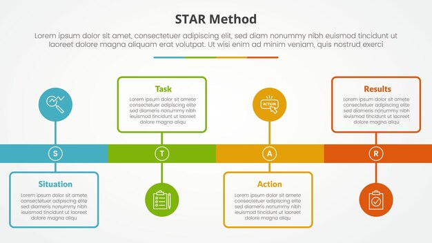 star method infographic concept for slide presentation with timeline style with outline box and circle point with 4 point list with flat style