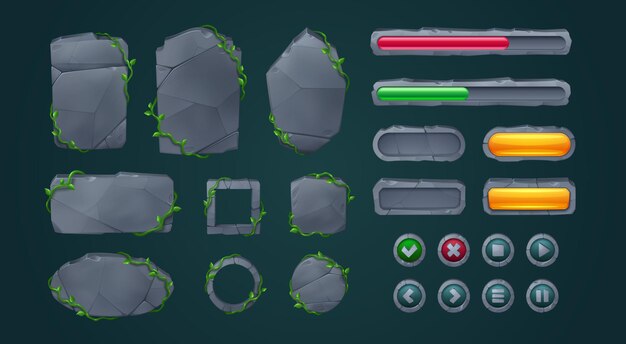 Stone game menu elements cartoon rock gui boards and buttons with liana vines Cartoon vector user interface frames round and rectangular banners and level bars with stony texture and jungle plants