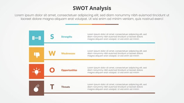 swot framework infographic concept for slide presentation with boxed creative rectangle stack