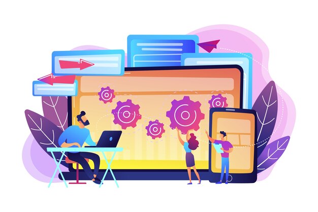 tester and developer work with laptop and tablet. cross platform bug founding, bug identification and testing team concept on white background. bright vibrant violet  isolated illustration