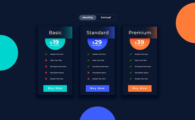 three column price menu template for web apps