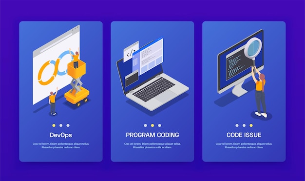 Three vertical programming coding development isometric banner set with devops program coding and code