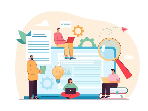 tiny content writers creating web articles flat illustration