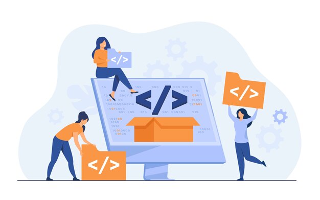 tiny developers programming website for internet platform flat vector illustration. cartoon programmers near screen with open code or script. software development and digital technology concept
