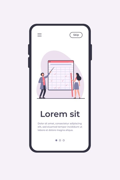 Tiny people looking at checkmarks in huge table. Pencil, woman, mark flat vector illustration. Report and digital technology concept mobile app template