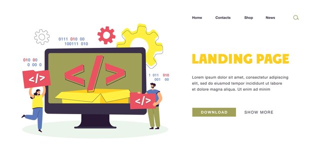 tiny people using open source platform. characters holding script elements, computer flat vector illustration. software, programming, technology concept for banner, website design or landing web page