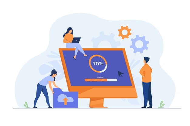 Tiny programmers upgrading operation system of computer isolated flat illustration.