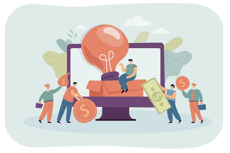 Miễn phí Vector tiny sponsors giving donations to startup project. person raising money online, financial growth flat vector illustration. crowdfunding, internet, cooperation concept for banner or website design