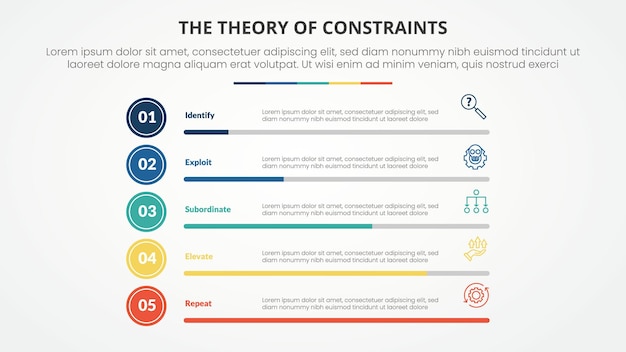TOC theory of constraints infographic concept for slide presentation with percentage bar progress stack with 4 point list with flat style