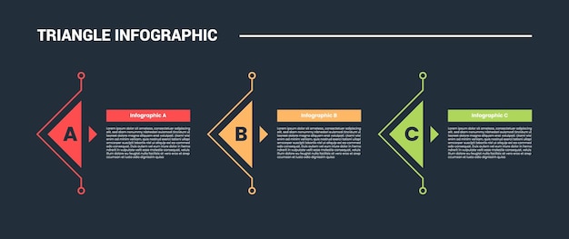triangle shape infographic process diagram with arrow triangle pointer on horizontal direction with 3 points dark background bright outline style