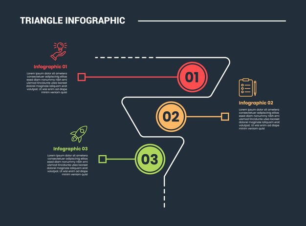 triangle shape infographic process diagram with pyramid line right and side with circle line pointer with 3 points dark background bright outline style