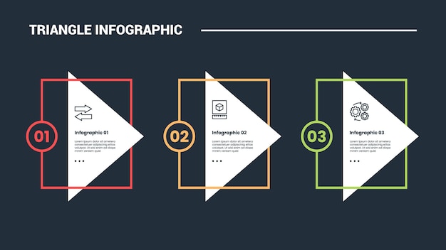 triangle shape infographic process diagram with square box and sharp triangle arrow right direction with 3 points dark background bright outline style