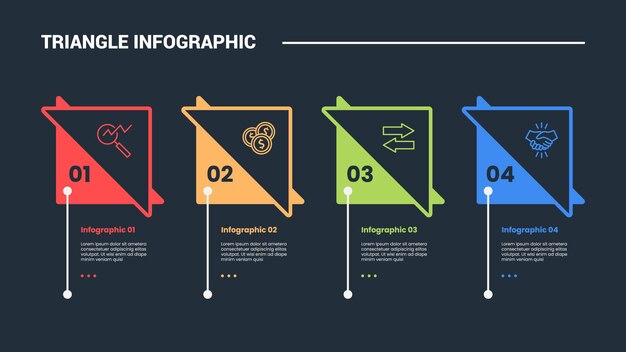 triangle shape infographic process diagram with square box with skew triangle with dot line vertical standing with 4 points dark background bright outline style