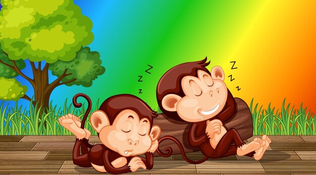 Two monkeys sleeping on rainbow gradient background