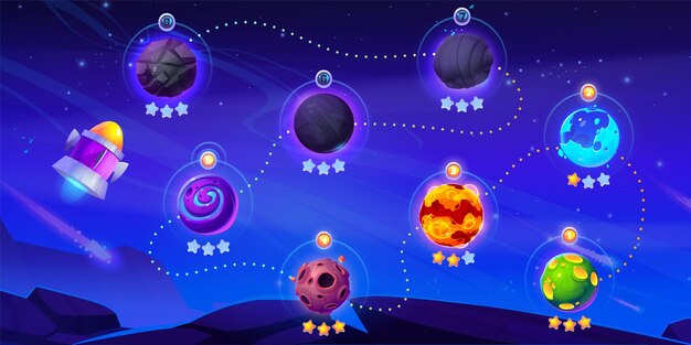 Ui level map for galaxy space game vector cartoon Fantasy background with rocket to play mobile videogame Online cosmos adventure on spaceship flying to asteroid system for cosmic app interface