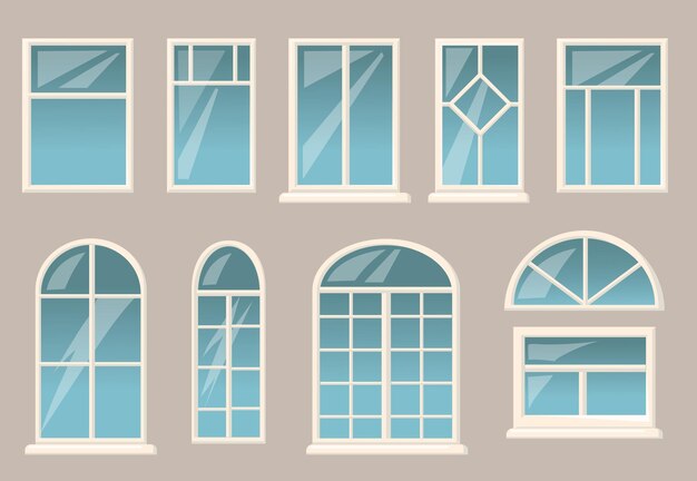 Various windows set. Different frames and glasses on grey building wall background.