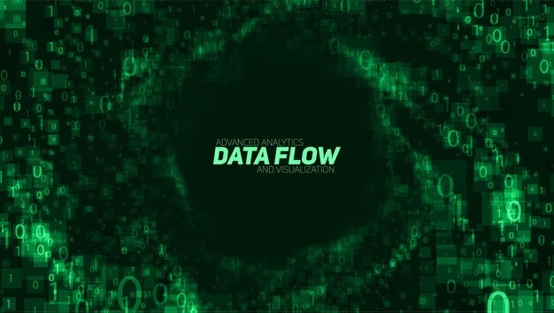 Vector abstract big data visualization. Green glowing data flow as binary numbers. Computer code representation. Cryptographic analysis, hacking. Bitcoin, blockchain transfer.