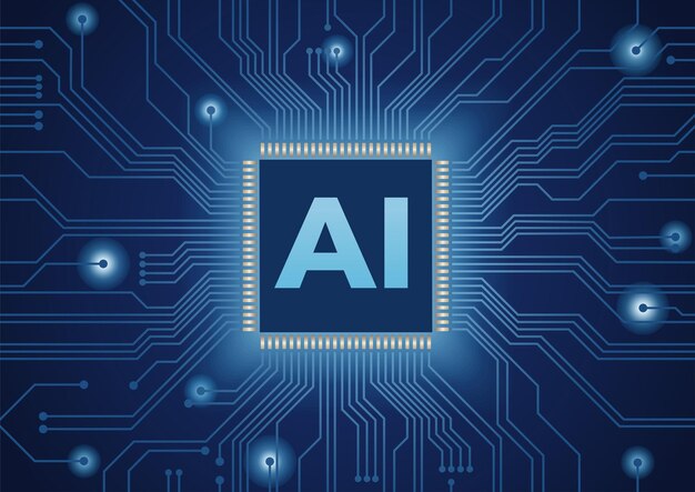 Vector Seamless AI Microchip On A Blue Background Horizontally And Vertically Repeatable