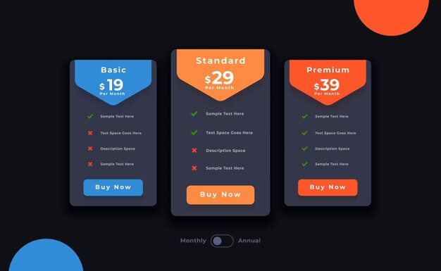 web subscription plan and price checklist dark template design