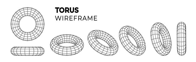 Wireframe torus grid with different structure of mesh frame isolated Abstract grid in different positions