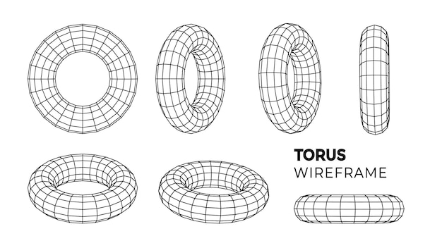 Wireframe torus set 3d geometric forms Outline isolated model Vector isometric shapes