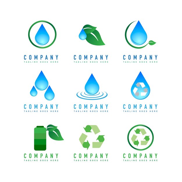 007 gotas de lluvia ecológicas y paquete de diseño de logotipo de reciclaje 9 en 1