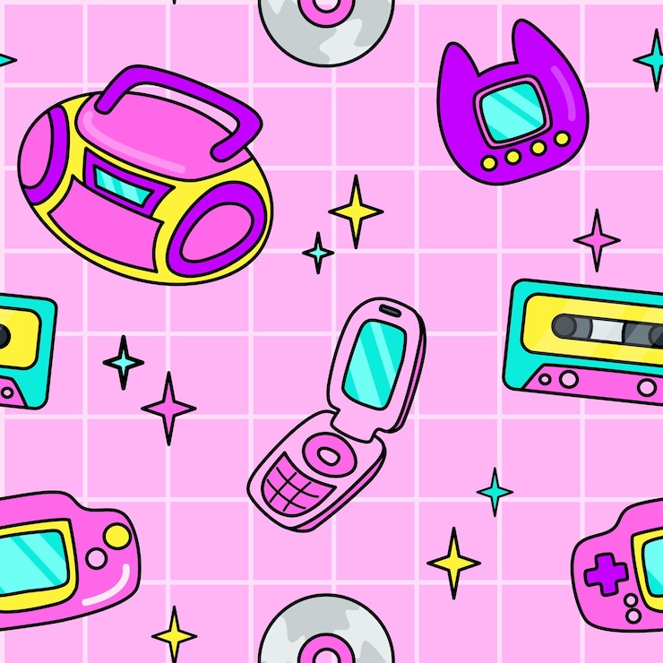 Vector 00s rosa de patrones sin fisuras de elementos electrónicos en estilo de dibujos animados plana