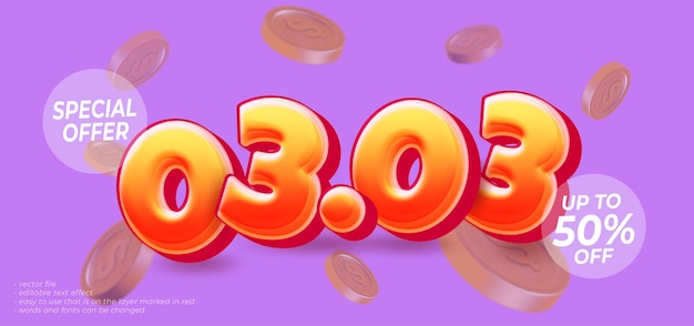 0303 oferta especial descuento número de texto estilo 3d efecto de fuente editable