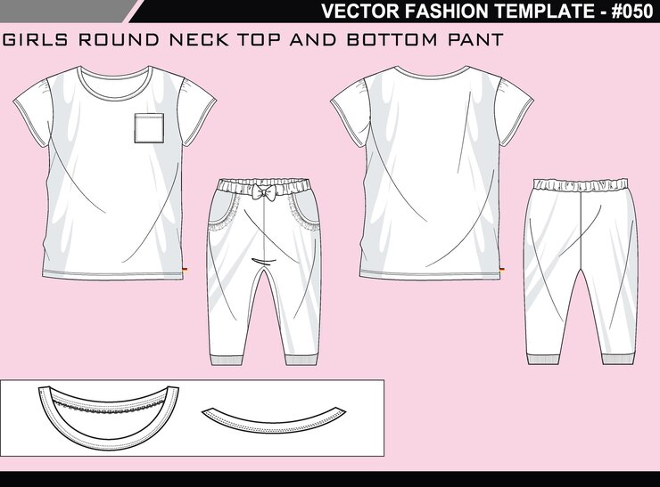 Vector 050 tech pack girls cuello redondo arriba y abajo pantalones de moda fácil de editar técnico plano boceto illu