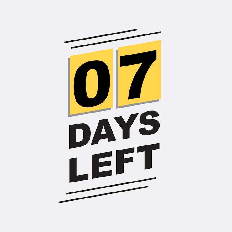 Vector 07 días restantes texto cuenta atrás insignia calendario negro y amarillo texto para tiendas negocios lanzamientos