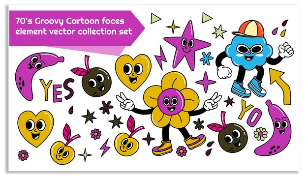 0s Groovy caricaturas caras elemento conjunto de colecciones vectoriales